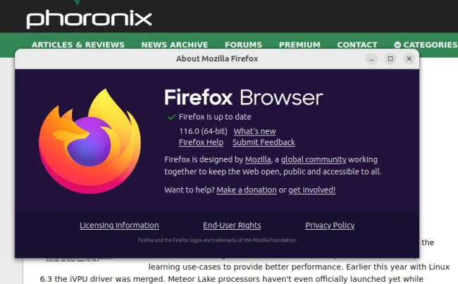 Firefox 116 about screen on Linux