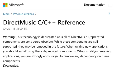Microsoft DirectMusic API Docs deprecated