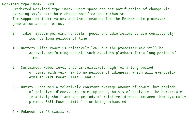 Intel int340x Meteor Lake workload type hint types