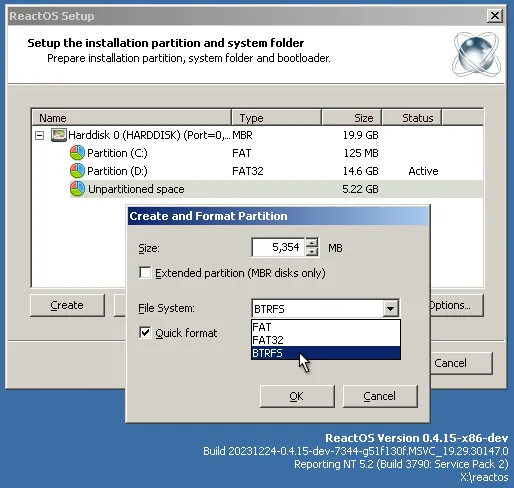 ReactOS GUI partitioning, project screenshot from ReactOS.org