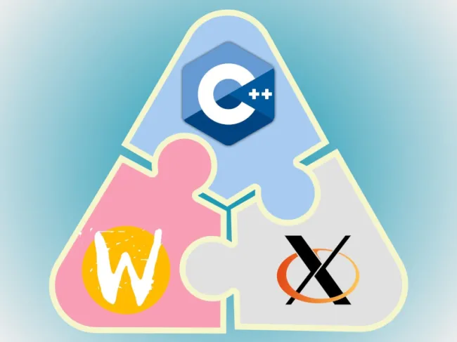 Pattern of C++, Wayland and X11 logos