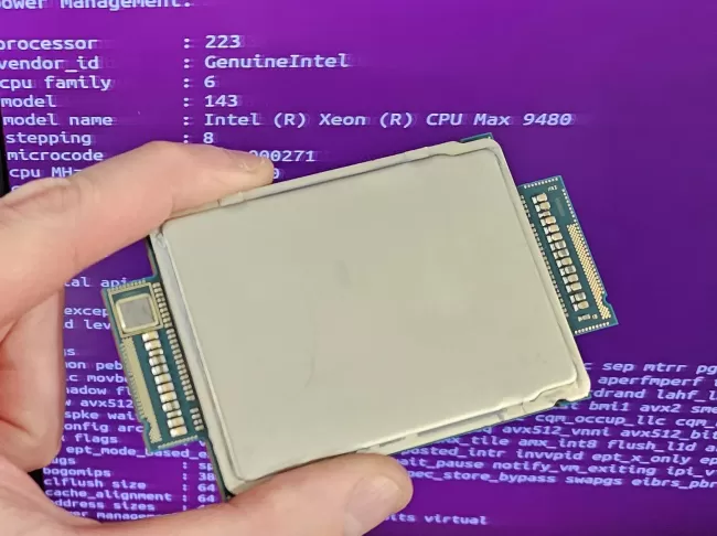 Intel Xeon Max CPU in front of Linux screen