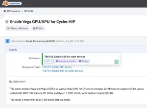 AMD Posts Patch Enabling Vega APU/GPU Support For Blender's HIP Backend