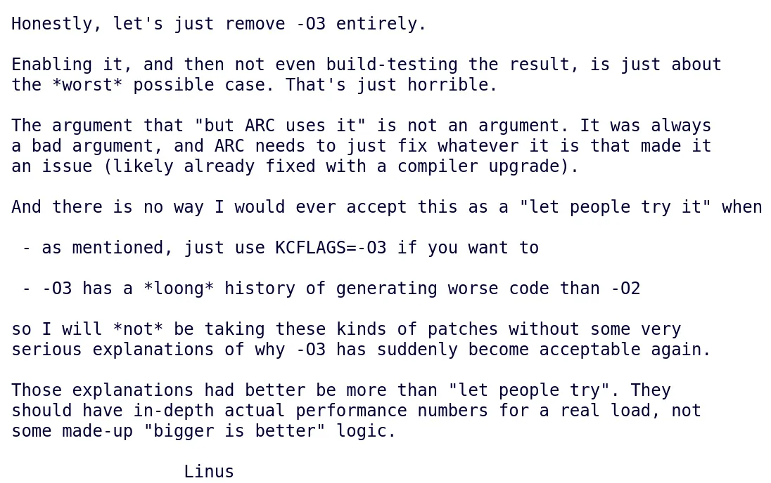Poslední komentář Linuse Torvaldse proti -O3’ing linuxovému jádru