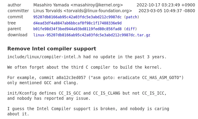 Linux kernel no longer builds with ICC