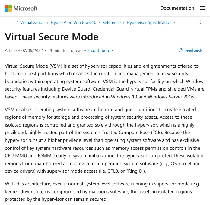 Virtual Secure Mode documentation
