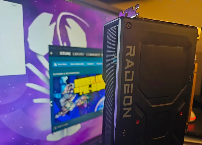 Radeon RX 7900 XT in front of Ubuntu Linux desktop