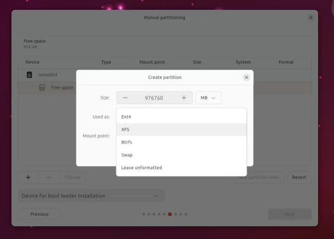 Opções de instalação do sistema de arquivos Ubuntu 23.04