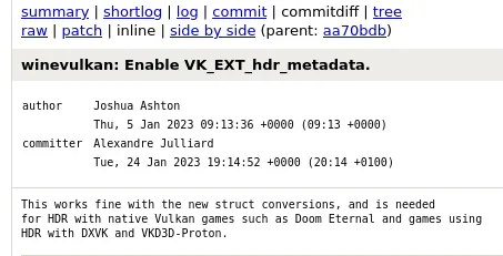 HDR metadata support added to Wine Vulkan.