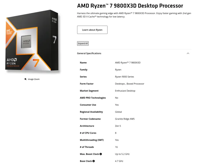 AMD Formally Announces Ryzen 7 9800X3D Specs - Should Be Great For