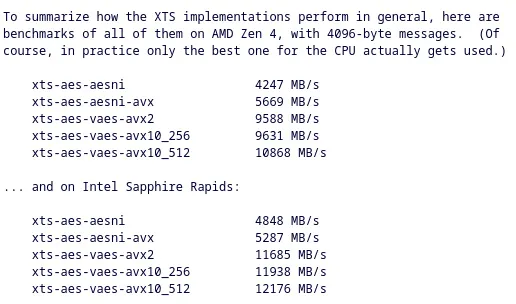 AES-XTS performance benefits by implementation