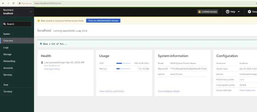 openSUSE Leap Cockpit web interface