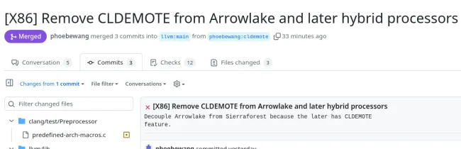 LLVM Clang يزيل Cldemote من Arrow Lake