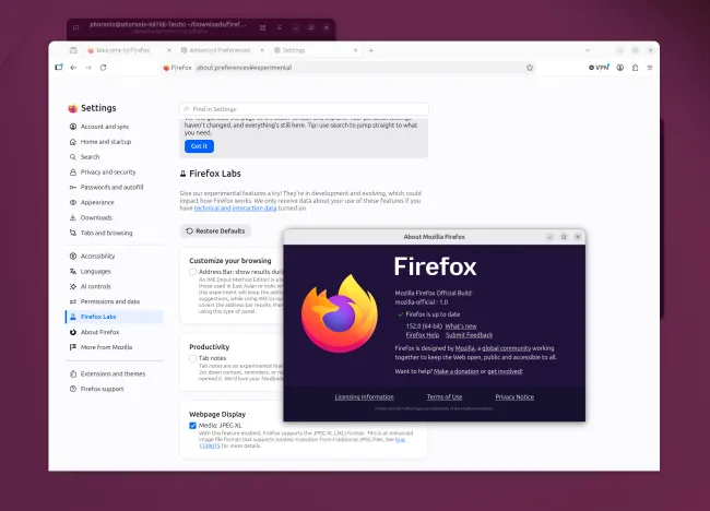 Firefox 152 with JPEG-XL option