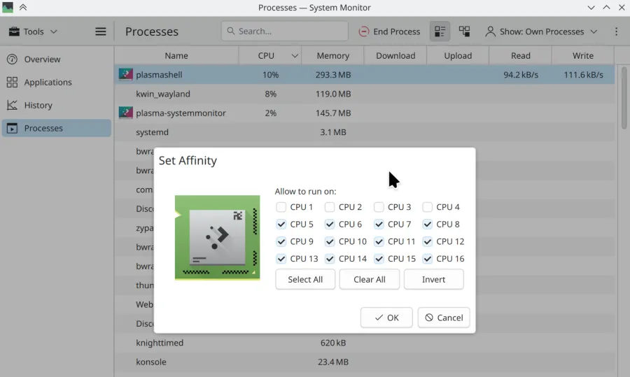 KDE Plasma 6.8 nâng cấp System Monitor: Tối ưu hóa CPU Affinity trực quan cho lập trình viên