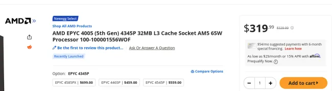 AMD EPYC 4345P تسعير على Newegg