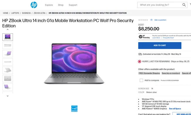 HP ZBook Ultra G1a pricing page