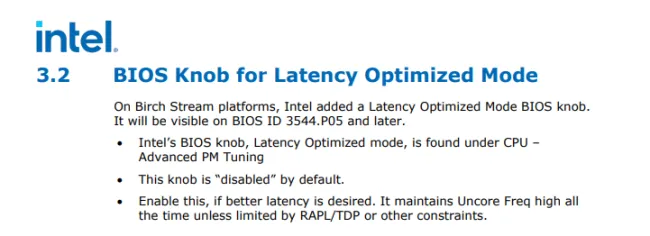 Intel documentation on Latency Optimized Mode for Xeon 6 Birch Stream platforms